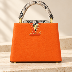 Louis Vuitton – Sac à main carré orange avec poignée python